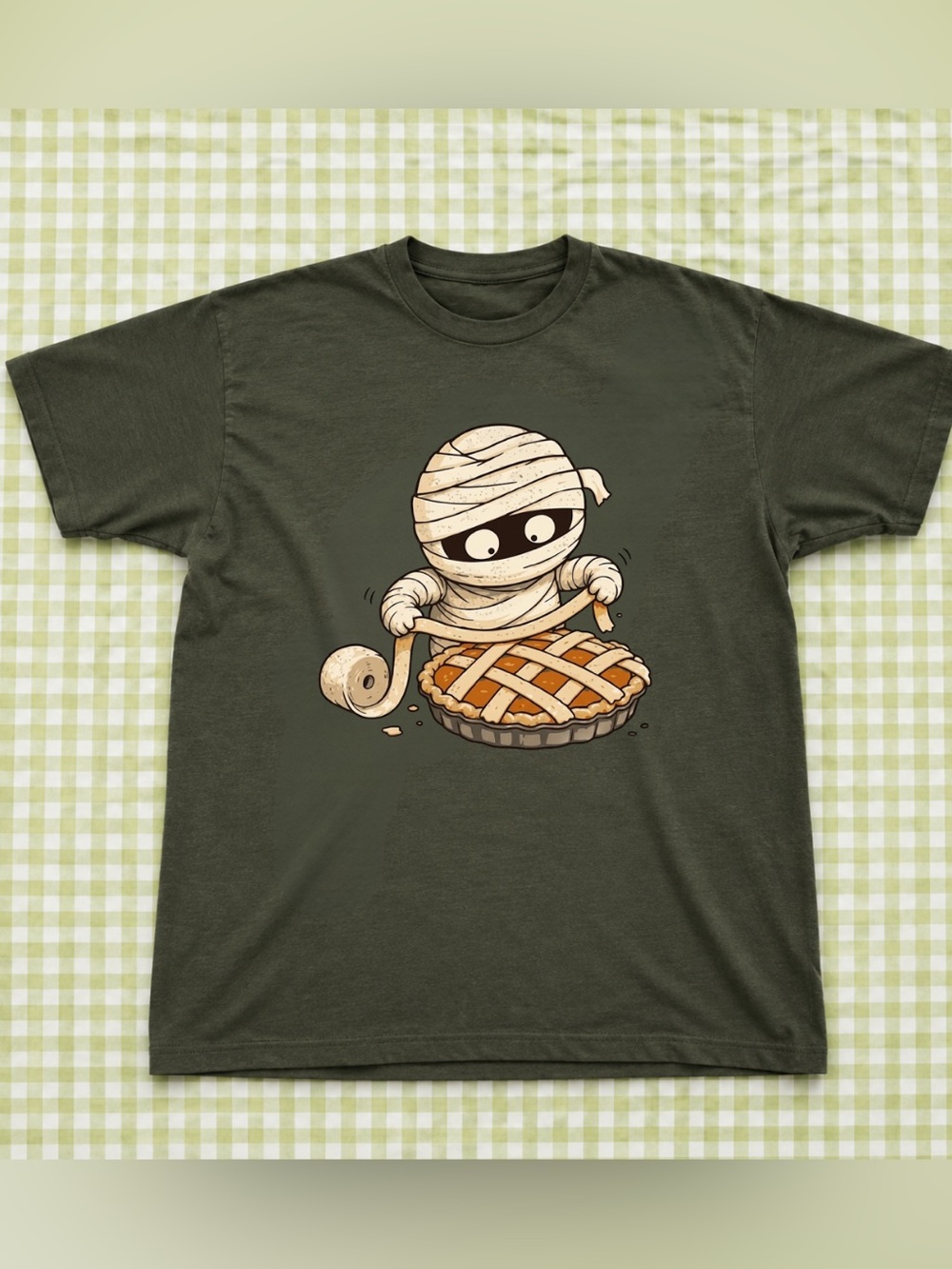 Forest Green Halloween Graphic Mummy Pie T-Shirt, Men’s 90s Retro Style